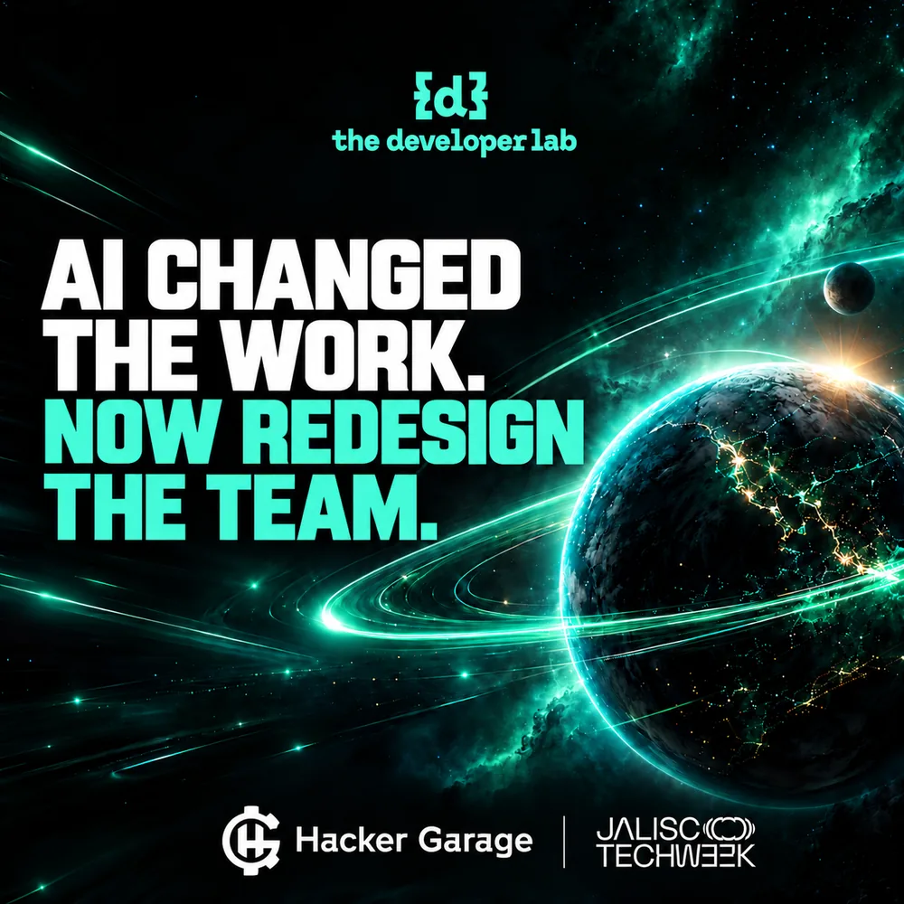 Portada del Leadership Lab: AI Changed the Work. Now Redesign the Team. The Developer Lab en Hacker Garage, Jalisco Tech Week 2026.